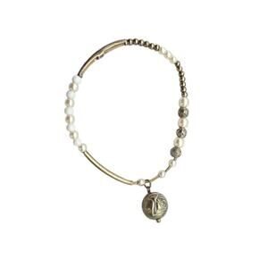 Artisan Pearl Mixed Metal Bead Bracelet Gold Silver Tone Heirloom Style